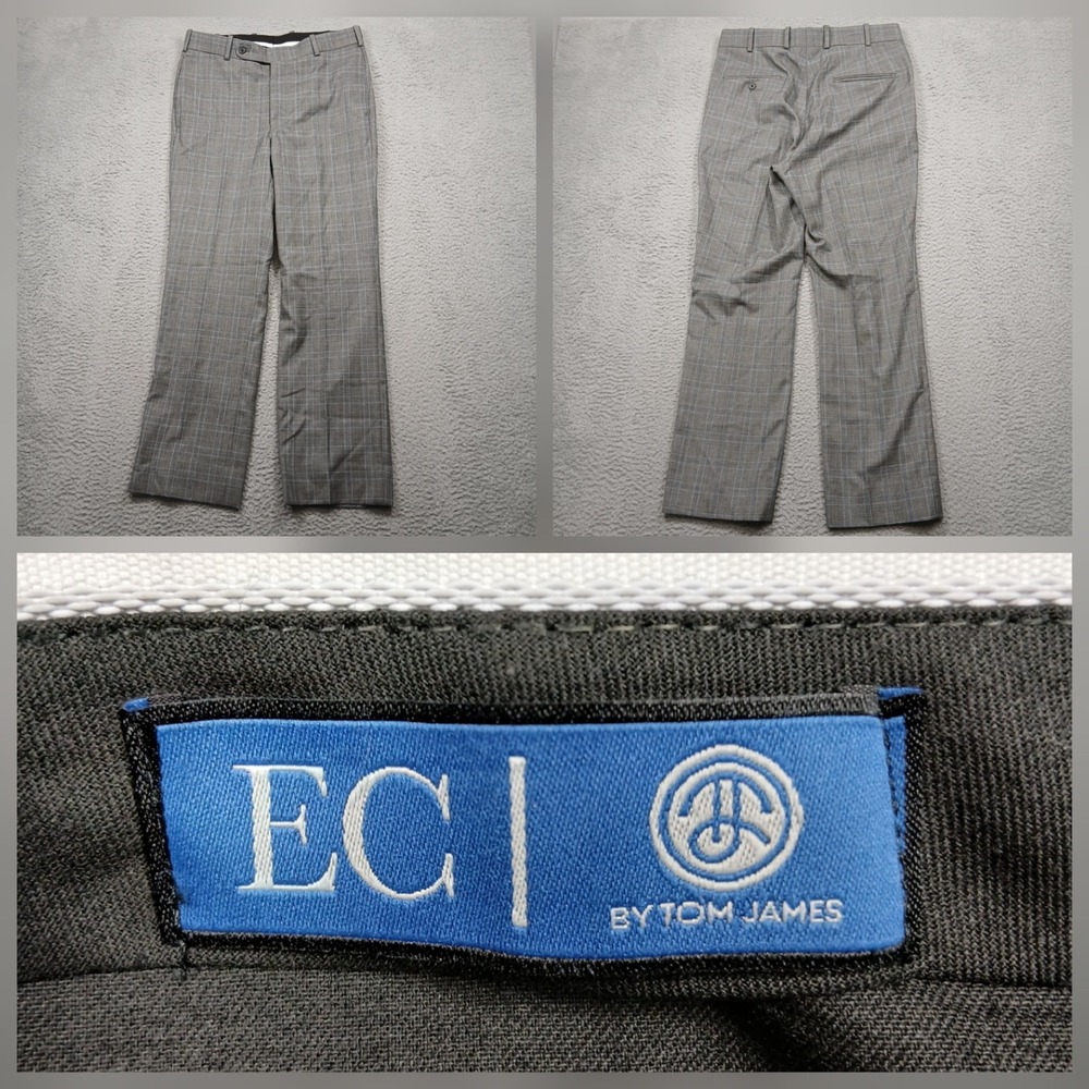 EC by Tom James Dress Pants Men's 34x29 Gray Blue Plaid Flat Front Wool Blend‎